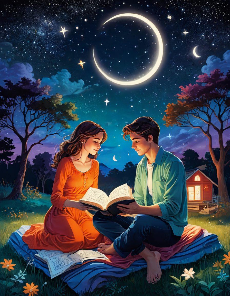 A whimsical scene depicting a couple joyfully reading graphic novels together under a starry night sky, surrounded by zodiac symbols softly glowing. Each character is styled to reflect their astrological signs, with vibrant colors highlighting their unique features and intimacy. In the background, an ethereal blend of constellations and graphic novel panels creates a harmonious atmosphere. Pop art style with rich colors and detailed textures.