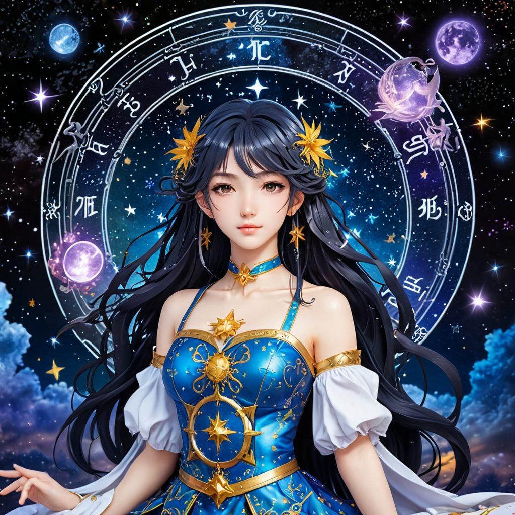 Create an intriguing scene that showcases a celestial-themed manga character interacting with symbolic representations of the twelve zodiac signs under a starlit sky. Incorporate elements of adult content subtly, such as suggestive poses or intimate expressions, while maintaining a sense of artistry and elegance. Highlight the contrast between the vibrant colors of the zodiac symbols and the darker tones of the night sky, evoking a mystical and alluring atmosphere. Include elements like astrology charts and manga panels for added depth. super-realistic. vibrant colors. fantasy art.