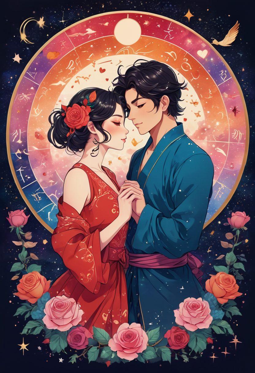 A whimsical illustration of the twelve zodiac signs personified as vibrant anime characters, each surrounded by symbols of love and kinks unique to their sign. The background features a dreamy starry sky with constellations connecting the signs, showcasing their connection to love and desire. Incorporate elements like hearts, roses, and playful motifs reflecting anime style. Emphasize diverse character expressions and colorful fashion inspired by both astrology and anime cultures. anime-style. vibrant colors. fantastical elements.